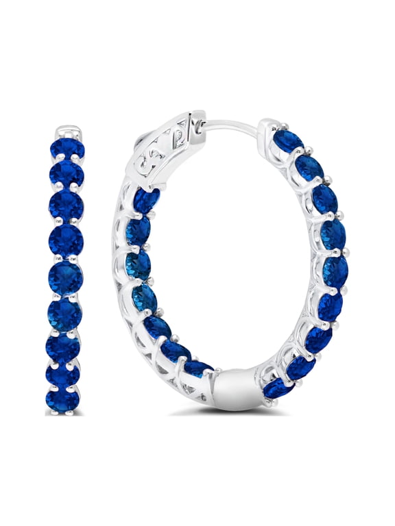 Created Blue Sapphire Inside Out Hoop Earrings for Women in 925 Sterling Silver 1 Inch Diameter and 3mm September Birthstone with Notched Post with Lock by MAX + STONE