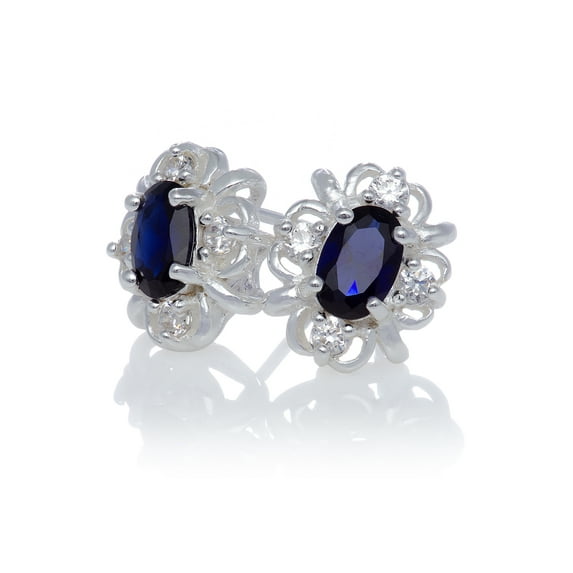 Created Blue Sapphire Oval Stud with White Topaz Swirl Earrings