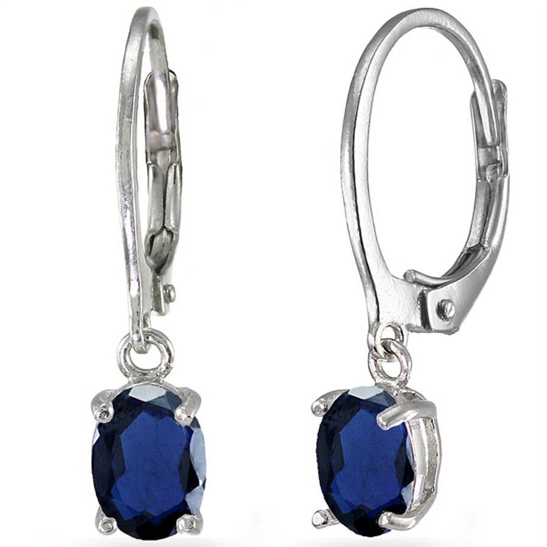 Created Blue Sapphire Sterling Silver 7mm x 5mm Oval Dangle
