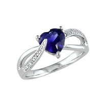 Created Blue Sapphire and Diamond Heart Ring 1.90 Carat (Ctw) in Sterling Silver for Women