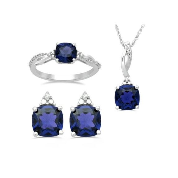 Created Blue Sapphire and White CZ Sterling Silver Ring, Pendant and Earring Box Set