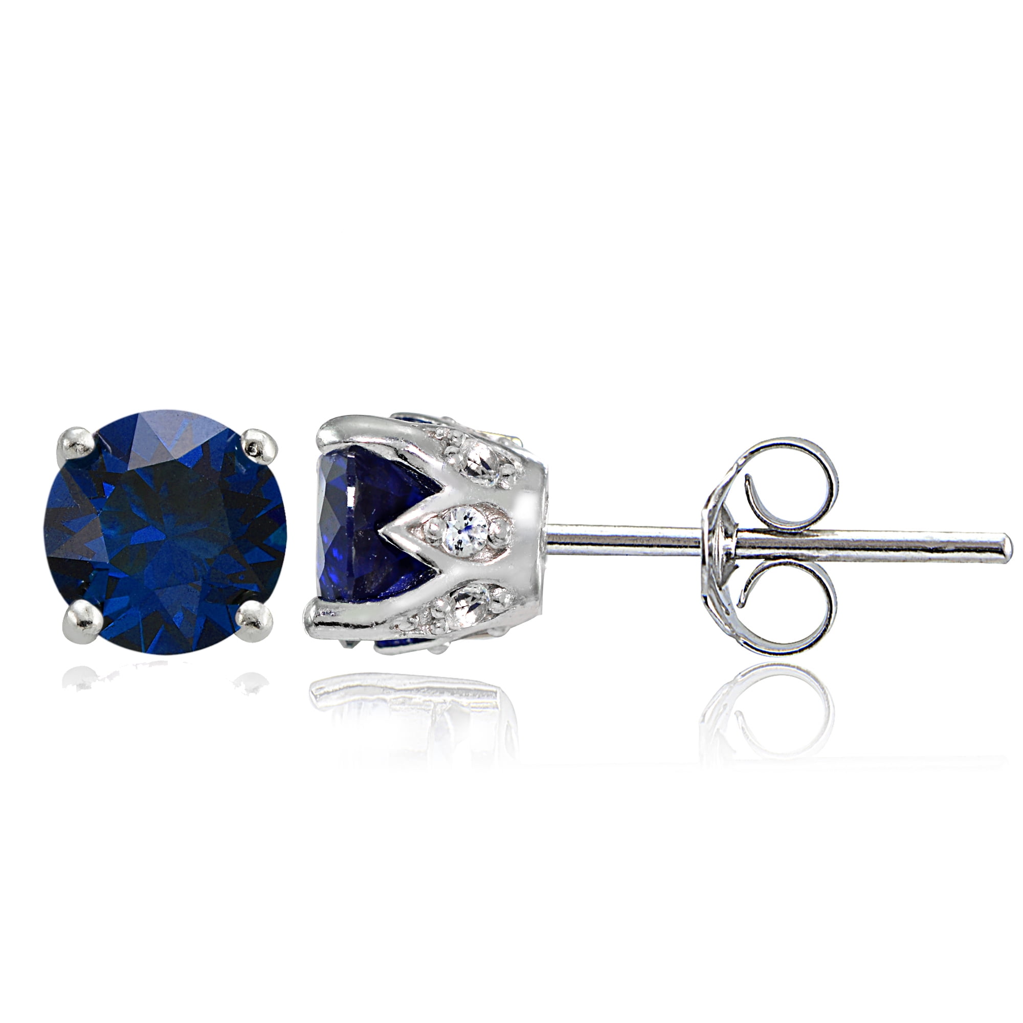 Created Blue Sapphire and White Topaz Sterling Silver Crown Stud Earrings
