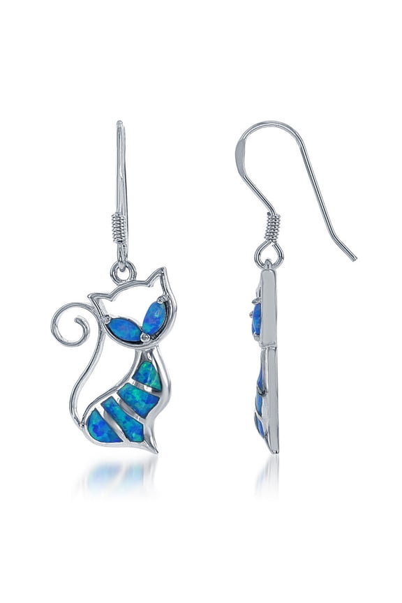 Created Blue/White Opal Cat Silver/14k Rose Gold Plated Sterling Silver Dangling Earrings Jewelry for Women or Teens