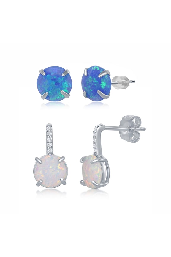 Created Blue/White Opal Pronged Beaded Bar Earrings and 6mm Created Opal Sterling Silver 2pc Stud Jewelry Set for Women or Teens
