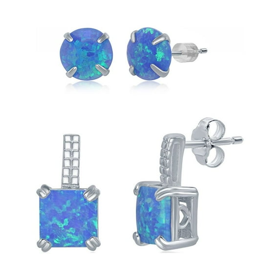 Created Blue/White Opal Square Pronged Beaded Bar and Round Stud Earrings Sterling Silver with 6mm Created Opal 2pc Stud Jewelry Set for Women or Teens