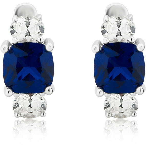 Created Blue and White Sapphire Gemstone Sterling Silver Hoop Earring