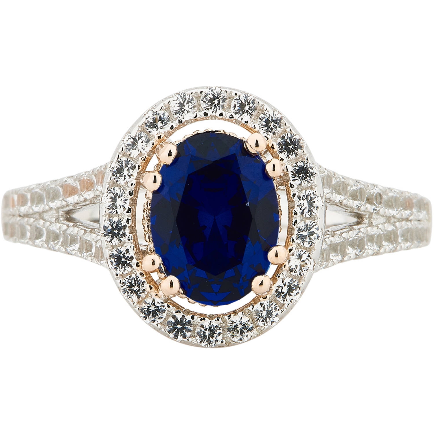 Created Blue and White Sapphire Gemstone Two tone Sterling Silver Split Shank Ring