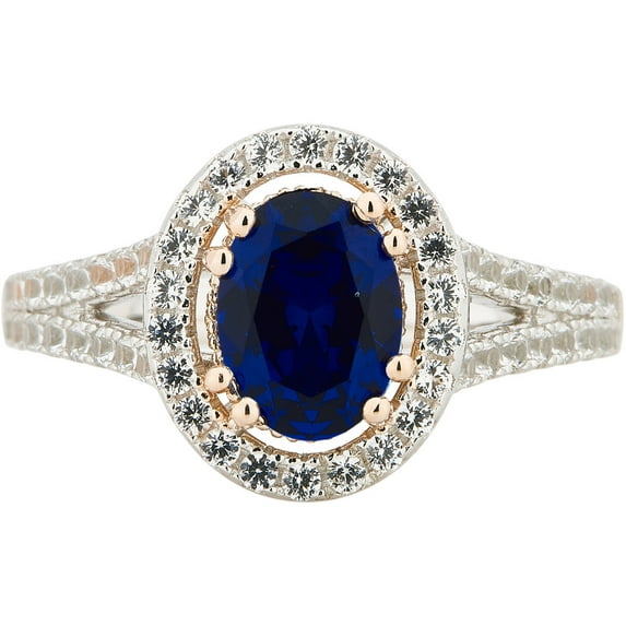 Created Blue and White Sapphire Gemstone Two tone Sterling Silver Split Shank Ring