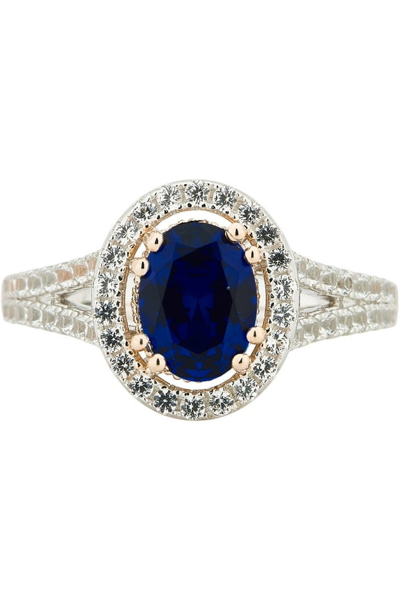 Created Blue and White Sapphire Gemstone Two tone Sterling Silver Split Shank Ring