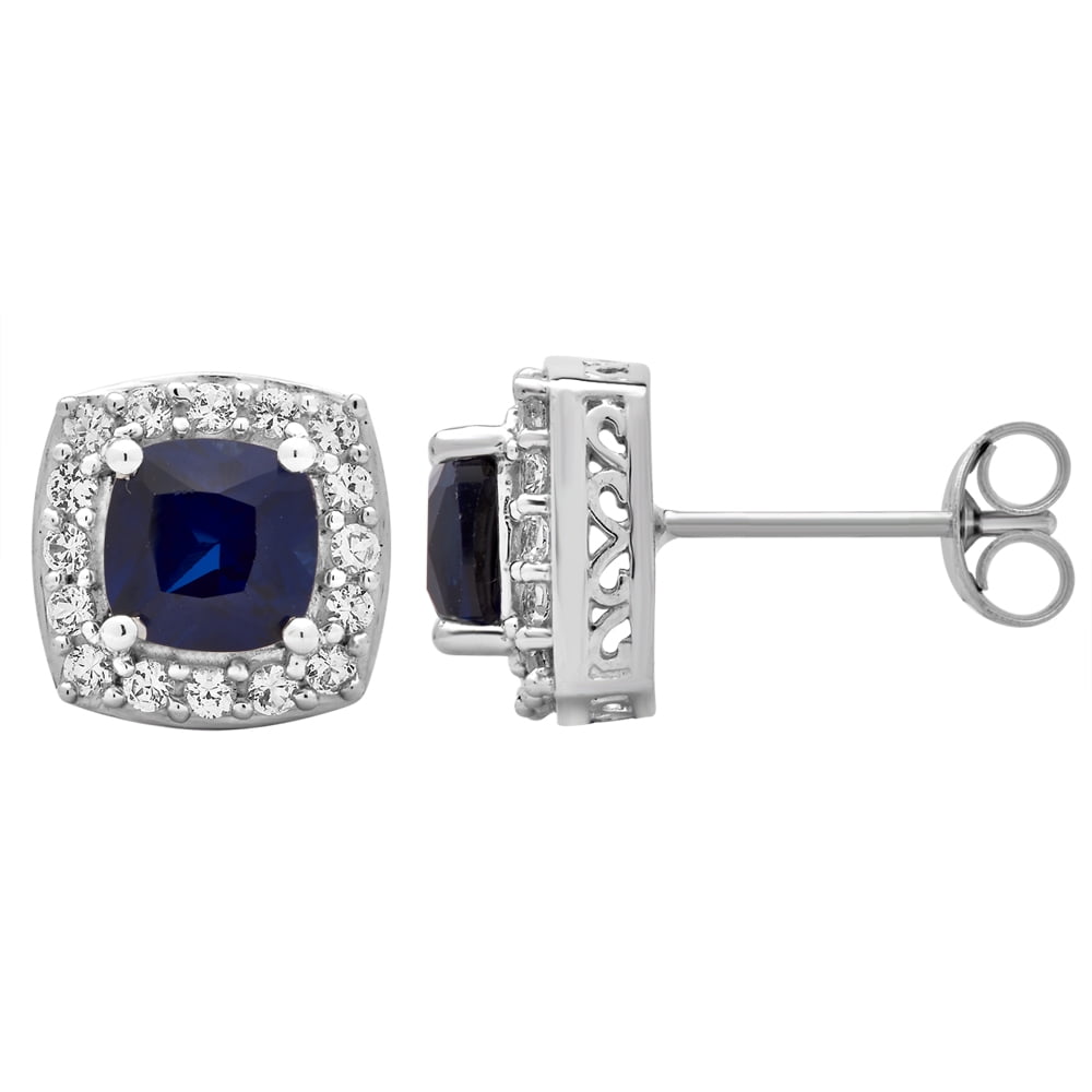 Created Blue and White Sapphire Sterling Silver Halo Stud Earrings