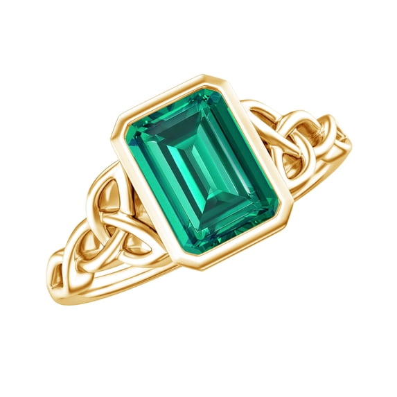 Rosec Jewels Created Emerald Solitaire Ring with Diamond for Women - Celtic Knot Ring (6X8 mm), 14K Yellow Gold, US 13.00