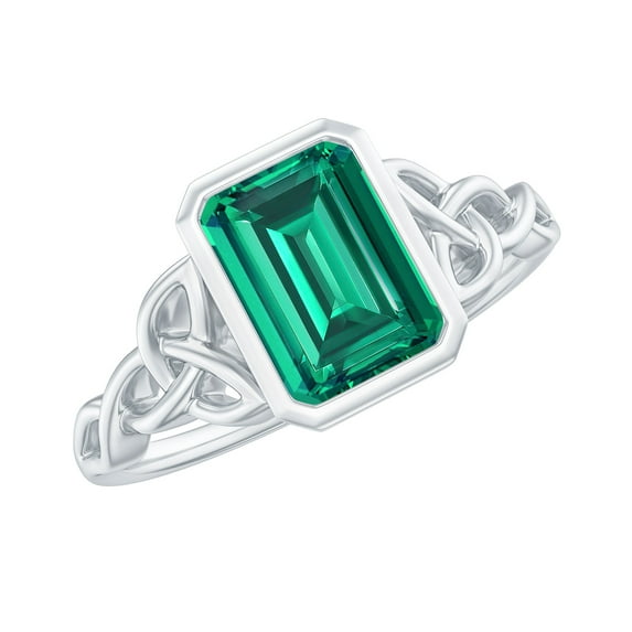 Rosec Jewels Created Emerald Solitaire Ring with Diamond for Women - Celtic Knot Ring (6X8 mm), 18K White Gold, US 6.50