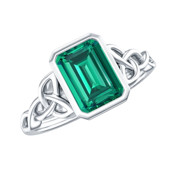 Rosec Jewels Created Emerald Solitaire Ring with Diamond for Women - Celtic Knot Ring (6X8 mm), 18K White Gold, US 7.00