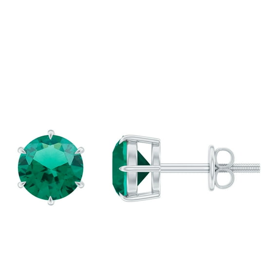 Rosec Jewels Created Emerald Solitaire Stud Screw Back Earrings for Women - 6 mm Round, 925 Sterling Silver