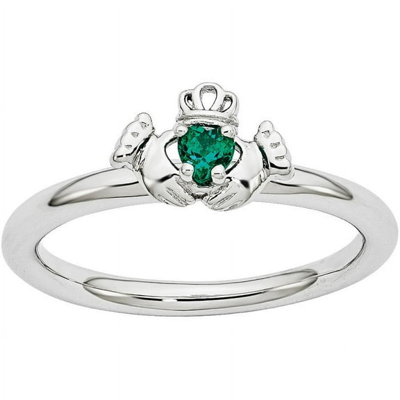 Created Emerald Sterling Silver Rhodium Claddagh Ring