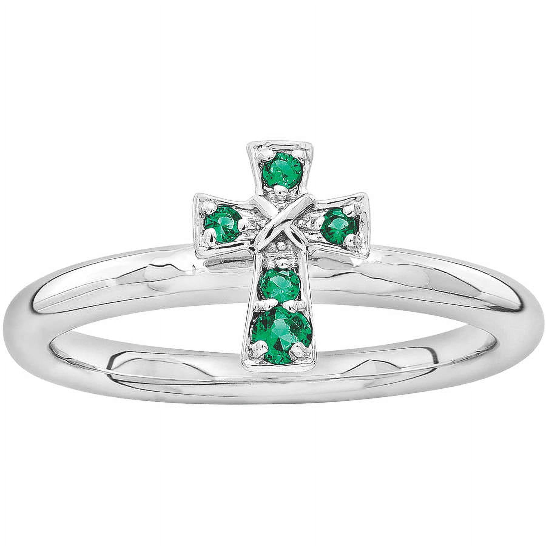 Created Emerald Sterling Silver Rhodium Cross Ring