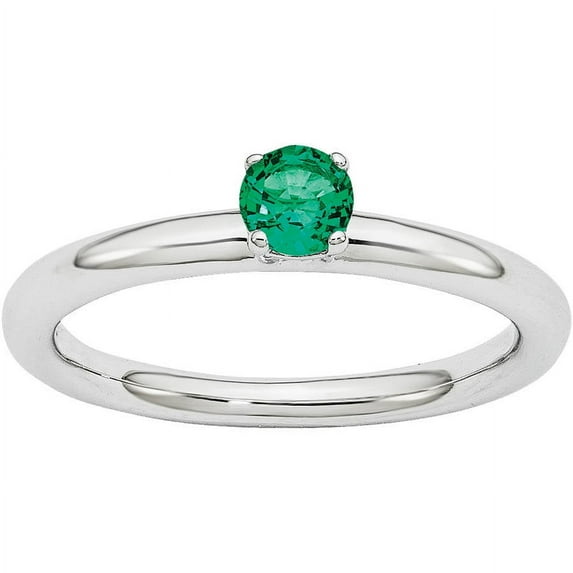 Created Emerald Sterling Silver Rhodium Ring