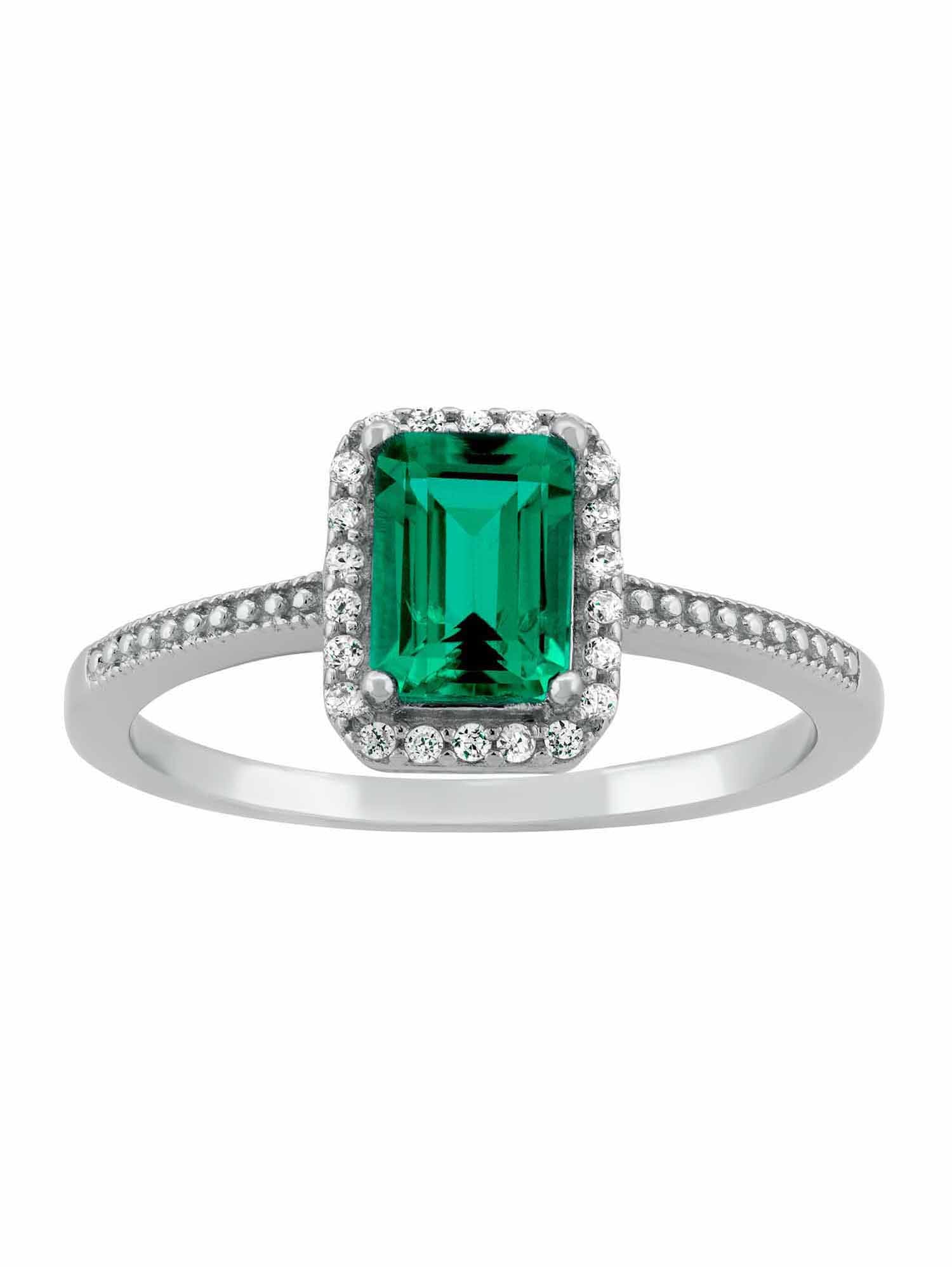 Created Emerald and CZ Sterling Silver Emerald-Cut Halo Ring