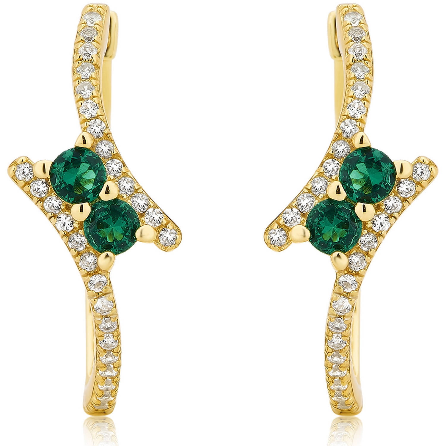Created Emerald and White Sapphire Gemstone Gold tone Sterling Silver Two-Stone Hoop Earring