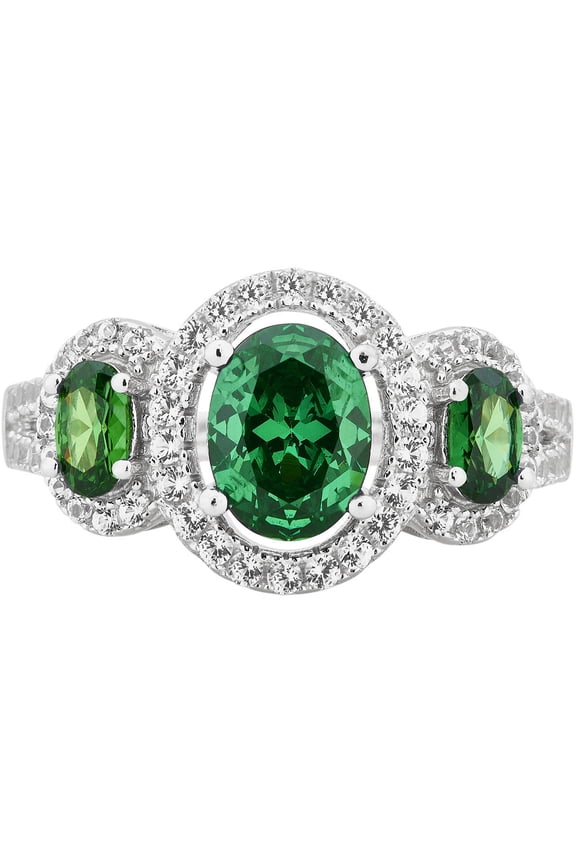 Created Emerald and White Sapphire Gemstone Sterling Silver Three Stone Oval Frame Ring
