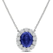 CREATED FOREVER Women's Created Blue Sapphire and Lab Grown Diamond Oval Halo Pendant with Chain