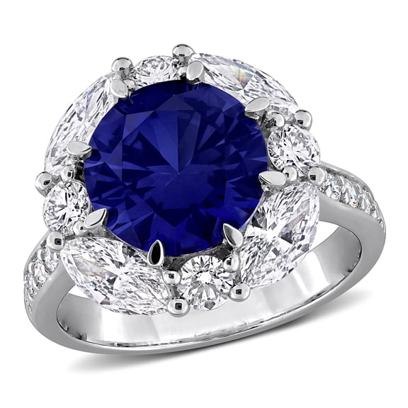 Created Forever Women's Created Blue Sapphire and Lab Grown Diamond Sterling Silver Halo Ring