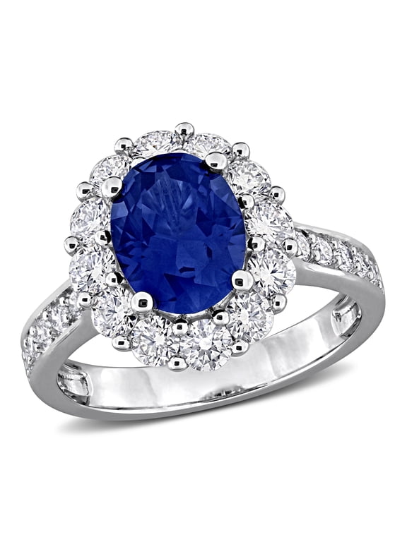 Women's Created Blue Sapphire and Lab Grown Diamond Sterling Silver Halo Ring
