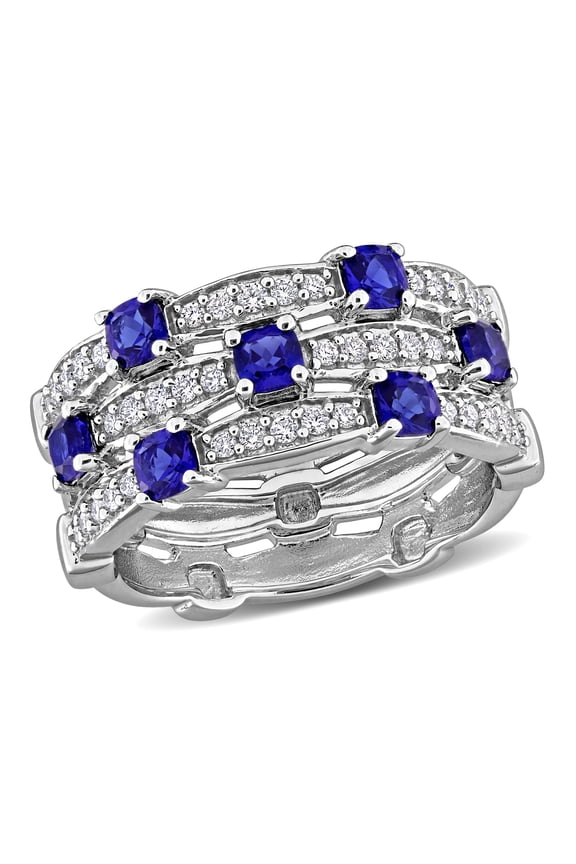 Women's Created Blue Sapphire and Lab Grown Diamond Sterling Silver Triple Row Ring