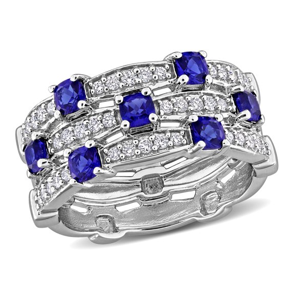 Created Forever Women's Created Blue Sapphire and Lab Grown Diamond Sterling Silver Triple Row Ring