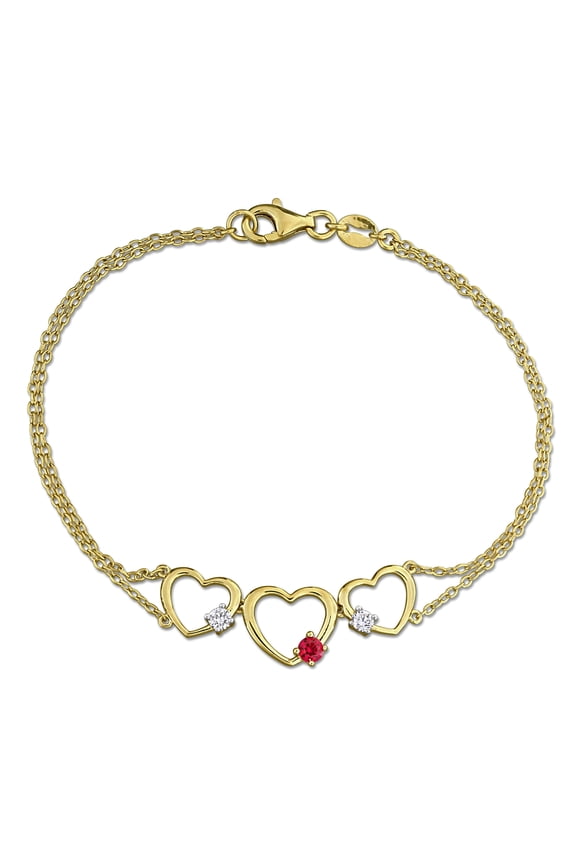 Women's Created Ruby Lab Grown Diamond Yellow Silver Triple Heart Bracelet - 7.25in