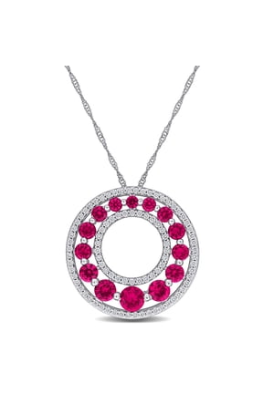 Women's Created Ruby and Lab Grown Diamond Circle Pendant with Chain - 17in