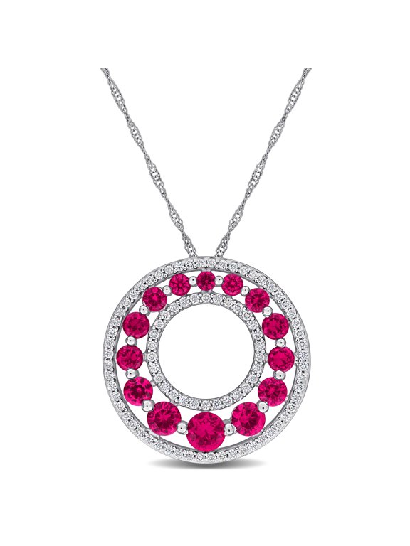 Women's Created Ruby and Lab Grown Diamond Circle Pendant with Chain - 17in