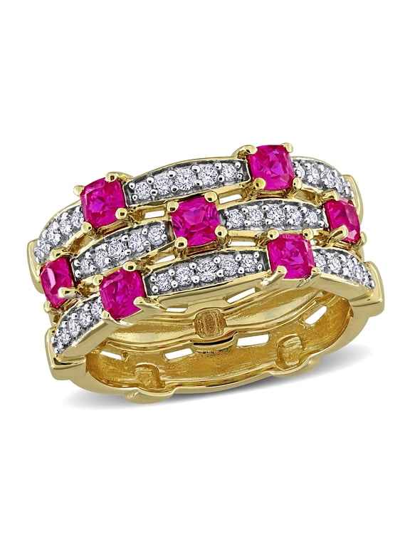 Women's Created Ruby and Lab Grown Diamond Triple Row Ring