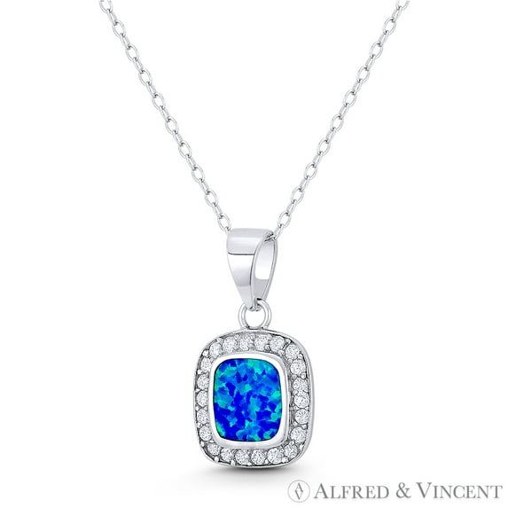 Created Opal & CZ Crystal Halo 22x12mm (0.9x0.5in) Pendant & Chain Necklace in .925 Sterling Silver w/ Rhodium