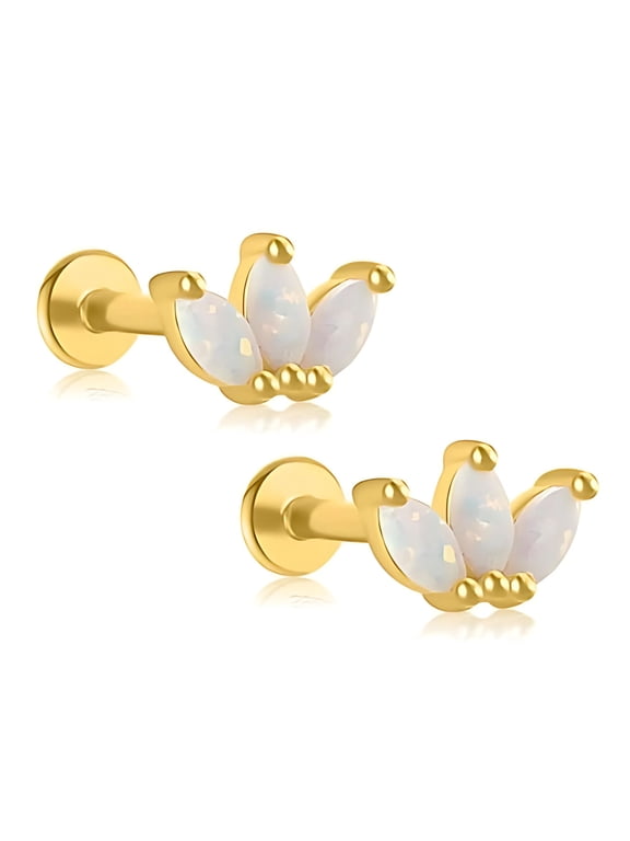 Created Opal Flat Back Earrings for Cartilage Helix Tragus Lobe Gold over Sterling Silver Studs Set by Ginger Lyne