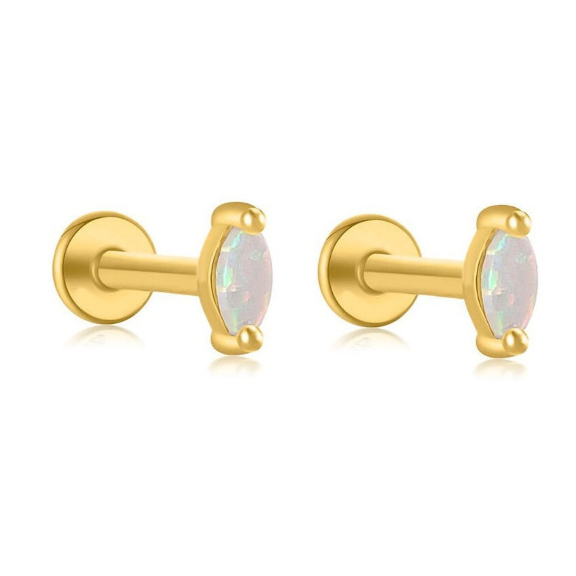 Created Opal Flat Back Earrings for Cartilage Helix Tragus Lobe16g Gold over Sterling Silver Studs Pair by Ginger Lyne