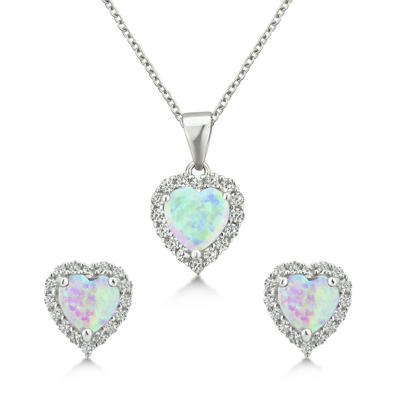 Sterling Silver Created Opal Pendant & Earring Set