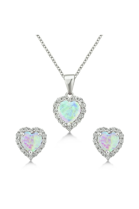 Created Opal Heart Earring and Pendent Jewelry Set in Sterling Silver
