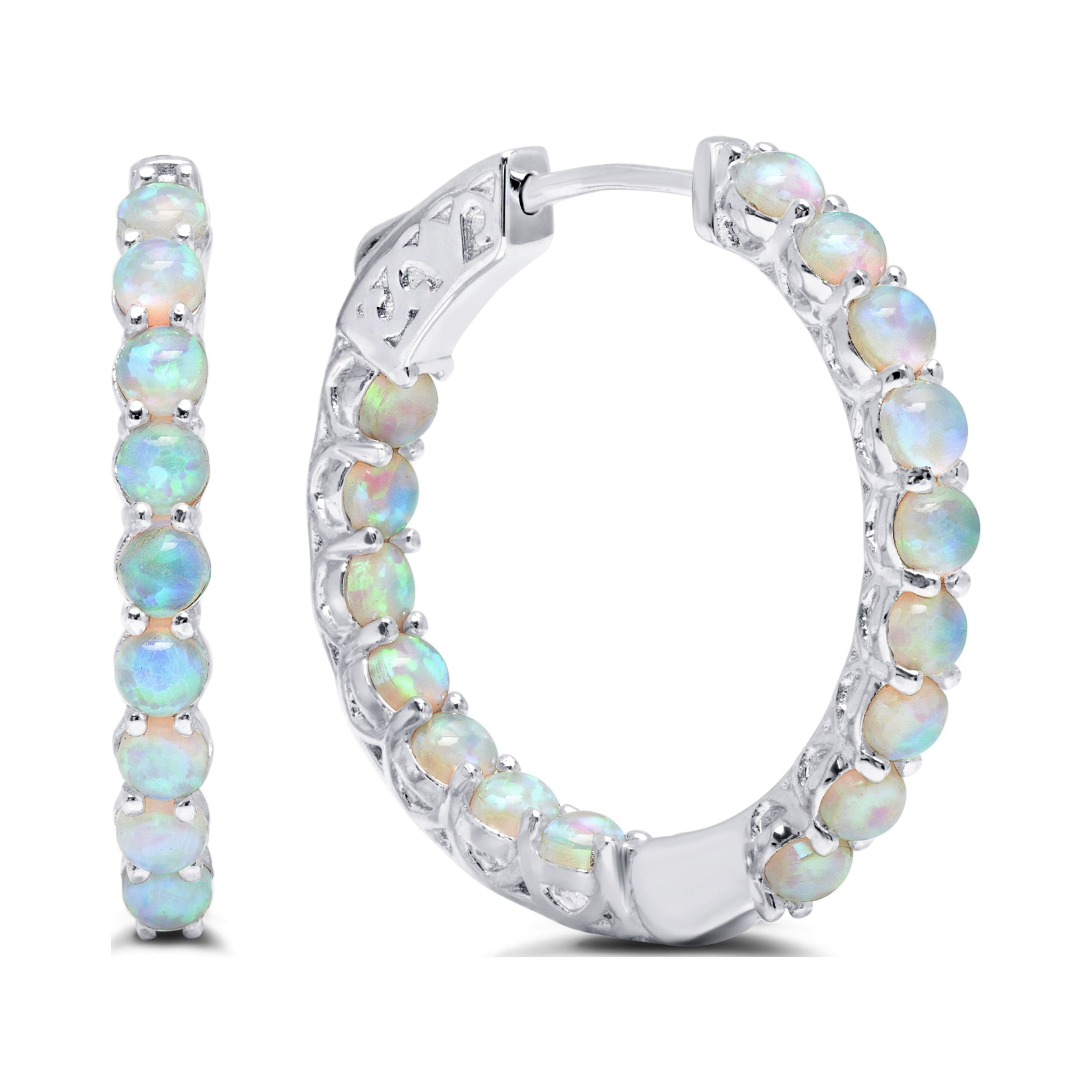 Created Opal Inside Out Hoop Earrings for Women in 925 Sterling Silver 1 Inch Diameter and 3mm October Birthstone with Notched Post with Lock by MAX + STONE