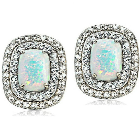 Created Opal with Blue and White Topaz Sterling Silver Oval Stud Earrings