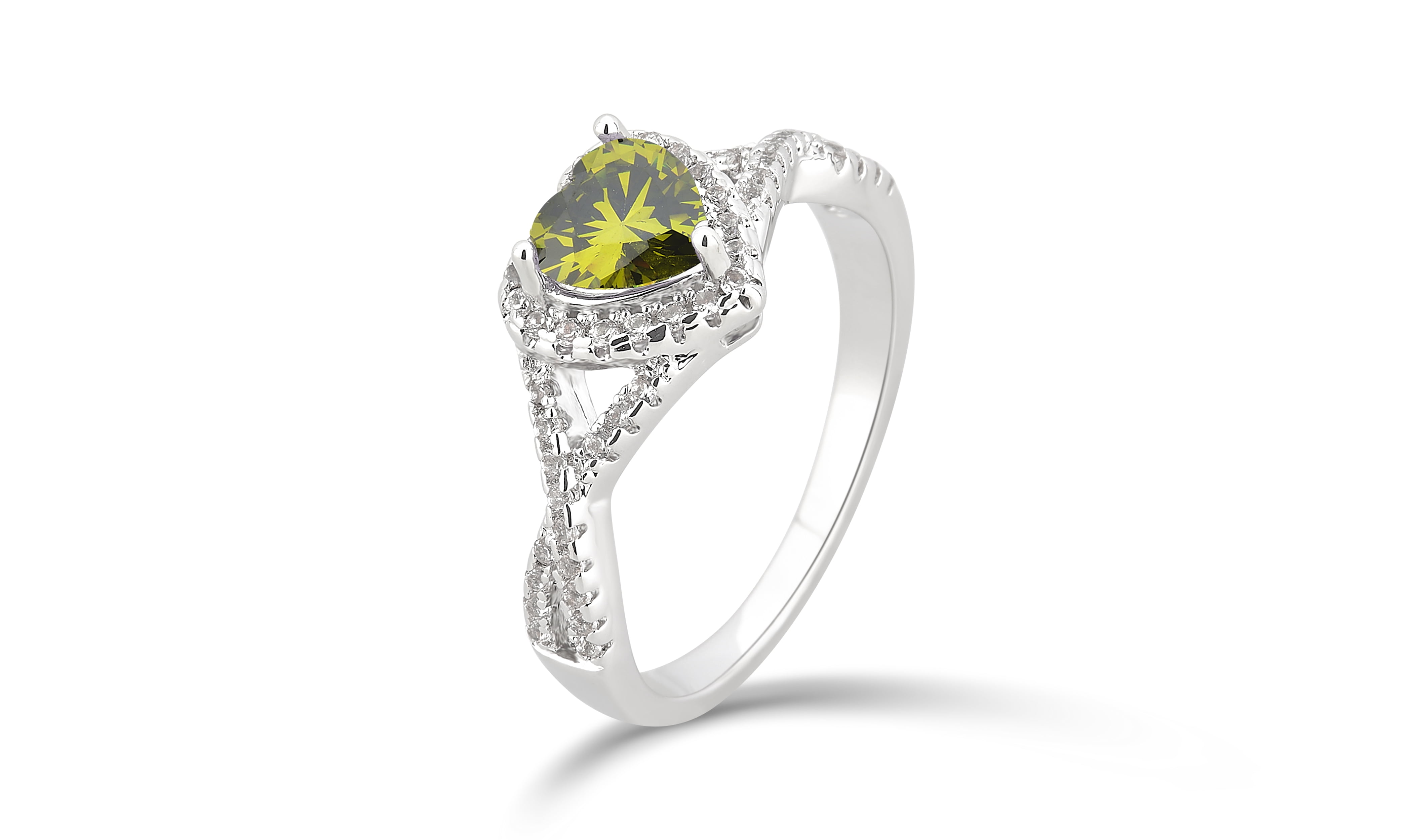 Created Peridot and White Sapphire Silver Overlay Fashion Engagement Ring