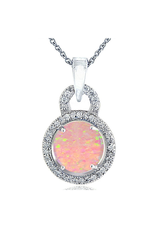 Created Pink Opal and CZ Sterling Silver Circle Necklace, 18"