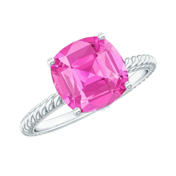 Rosec Jewels Created Pink Sapphire Solitaire Ring with Diamond for Women - 8 mm - AAAA Grade, 10K White Gold, US 8.50