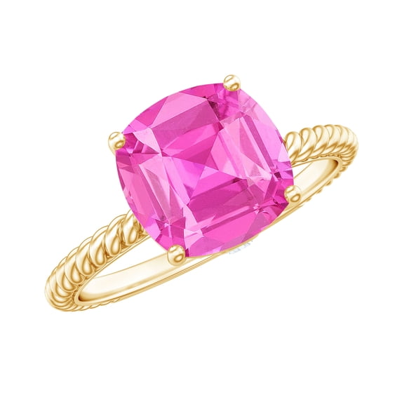 Rosec Jewels Created Pink Sapphire Solitaire Ring with Diamond for Women - 8 mm - AAAA Grade, 10K Yellow Gold, US 7.50
