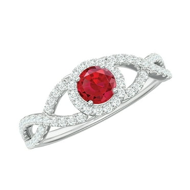 Created Ruby Criss Cross Ring with Diamond Halo (0.50 CT, AAAA Grade), 925 Sterling Silver, US 4.00
