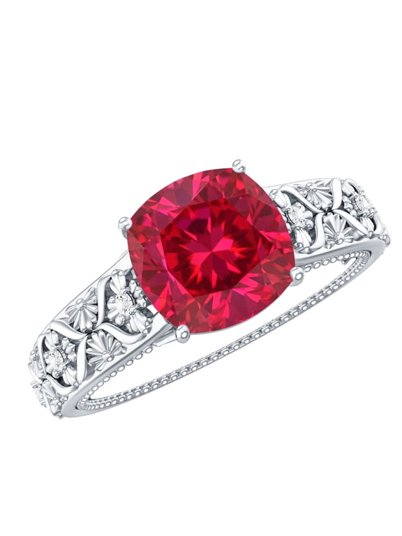 Lab Grown Ruby Cushion Cut Engagement Ring with Diamond - Vintage Style Ring - 2 Carat - AAAA Quality Certified, 925 Sterling Silver, US 11.00