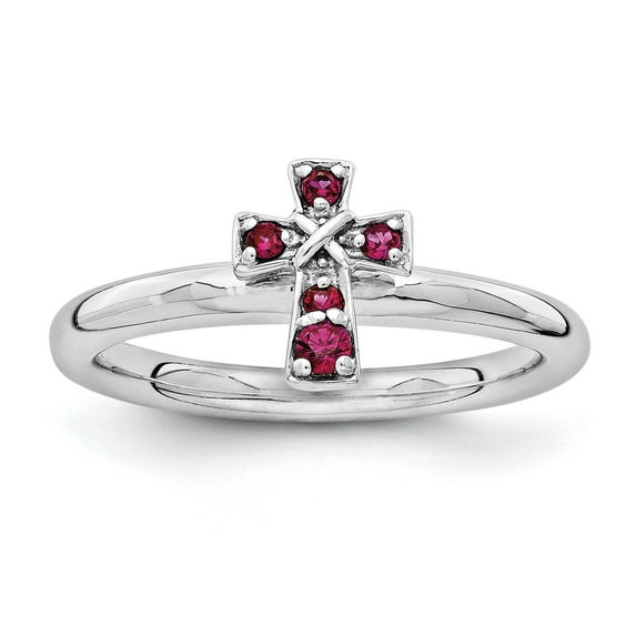 Created Ruby Sterling Silver Rhodium Cross Ring