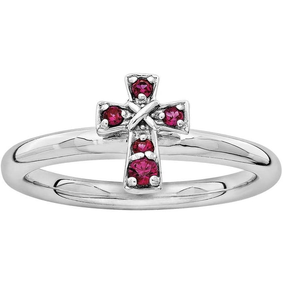 Created Ruby Sterling Silver Rhodium Cross Ring