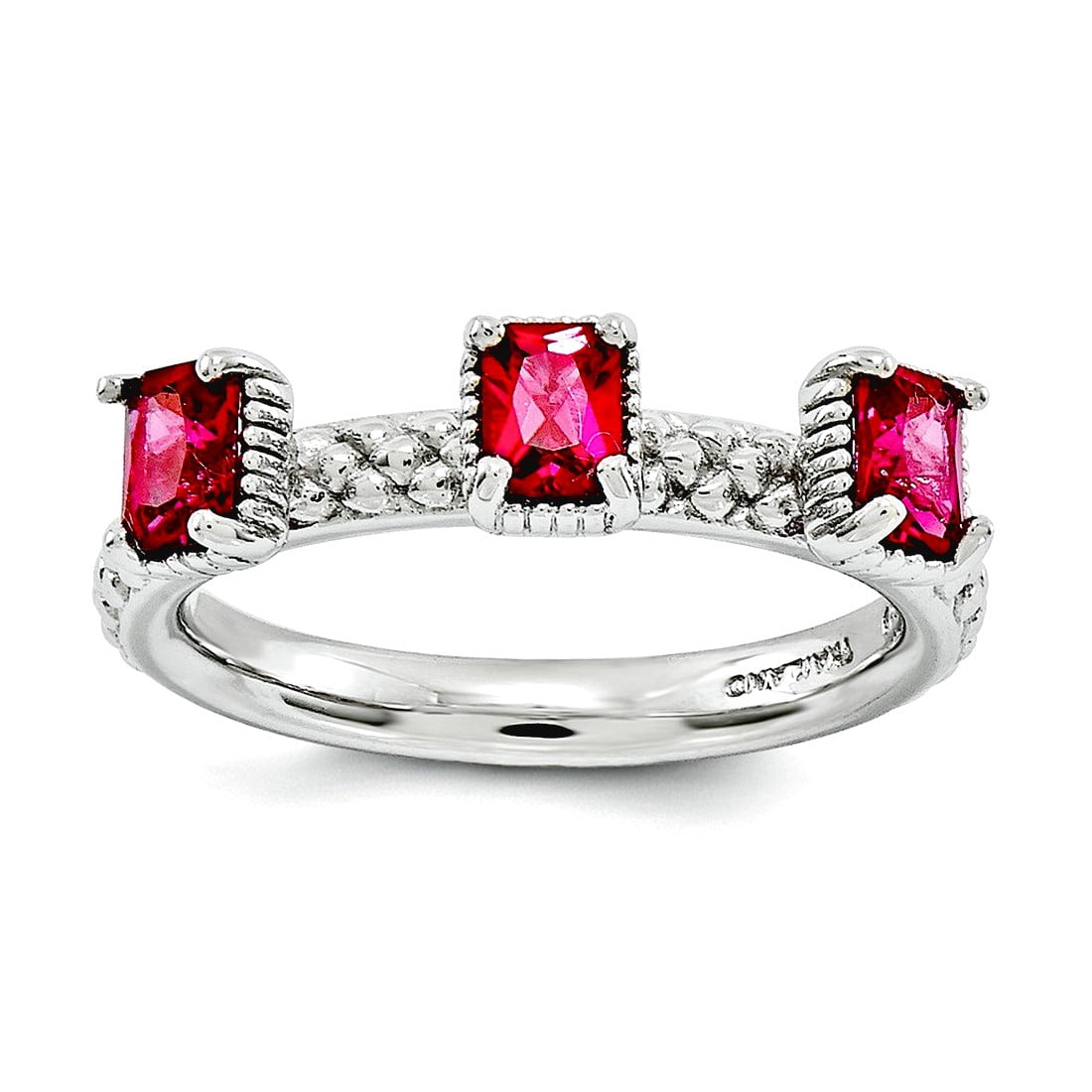 2.5mm 925 Sterling Silver Polished Prong set Stackable Created Ruby Three Stone Ring Size 9 Stackable Ring for Women