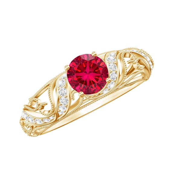 Rosec Jewels Created Ruby Vintage Inspired Ring with Diamond for Women (AAAA Grade), 14K Yellow Gold, US 6.50